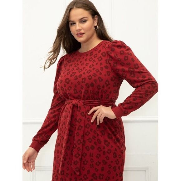 ELOQUII Elements Puff Sleeve Leopard Print Sweatshirt Dress red 14 16 NWT - Picture 9 of 10